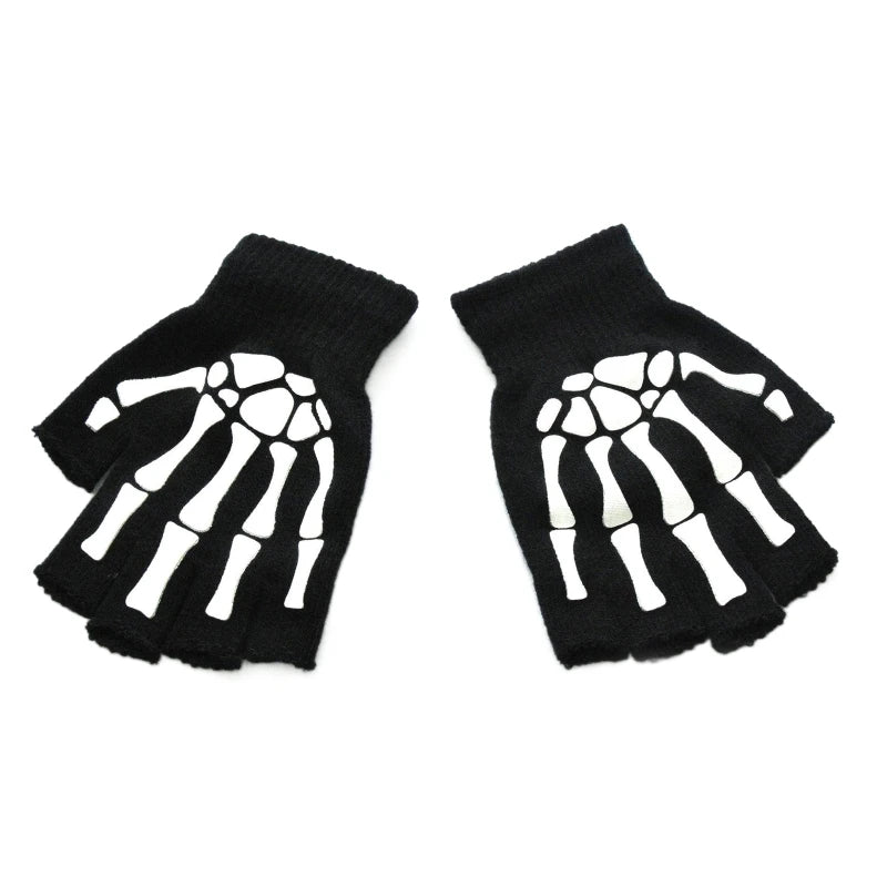 Adult Kids Halloween Skeleton Skull Half Finger Luminous Gloves Winter Skull Fingerless Mitten for Event Party Festive Cycling