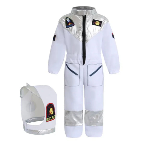 Kids US Astronaut Dressup Costume Deluxe Print Cartoon White Space Suit Bodysuit Halloween Role Play Adventure Gloves Hat Set
