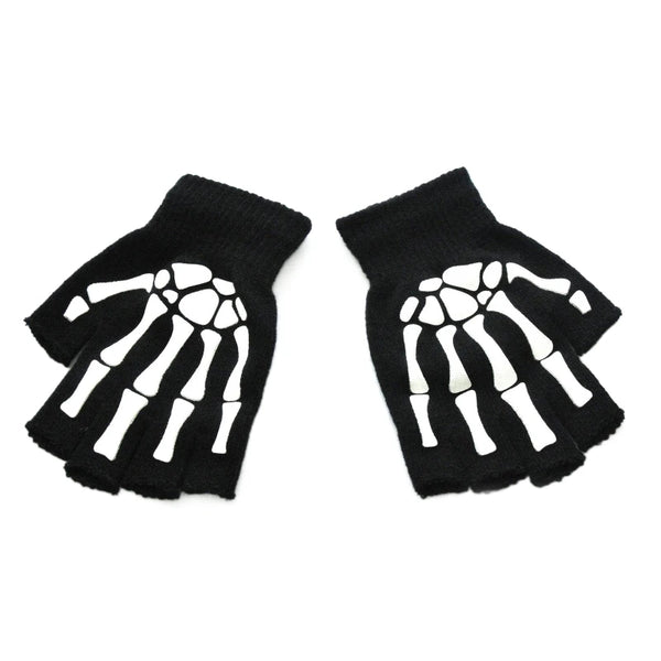 Adult Kids Halloween Skeleton Skull Half Finger Luminous Gloves Winter Skull Fingerless Mitten for Event Party Festive Cycling