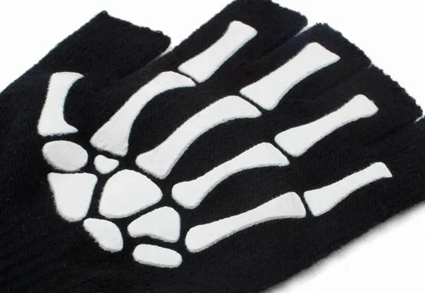 Adult Kids Halloween Skeleton Skull Half Finger Luminous Gloves Winter Skull Fingerless Mitten for Event Party Festive Cycling