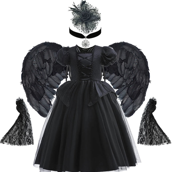Halloween Costume For Kids Black Witch Dress Luxury Lace Sequin Evil Role Playing Costume Maleficent Dress Up Outfit Ghost Bride