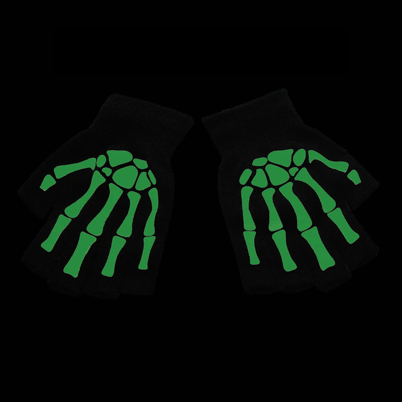Adult Kids Halloween Skeleton Skull Half Finger Luminous Gloves Winter Skull Fingerless Mitten for Event Party Festive Cycling