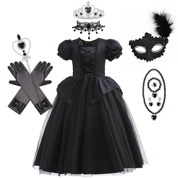 Halloween Costume For Kids Black Witch Dress Luxury Lace Sequin Evil Role Playing Costume Maleficent Dress Up Outfit Ghost Bride
