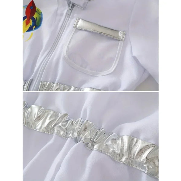 Kids US Astronaut Dressup Costume Deluxe Print Cartoon White Space Suit Bodysuit Halloween Role Play Adventure Gloves Hat Set