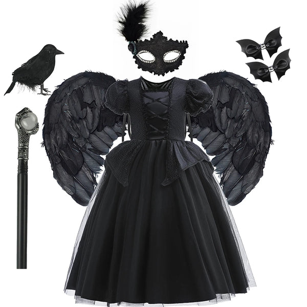 Halloween Costume For Kids Black Witch Dress Luxury Lace Sequin Evil Role Playing Costume Maleficent Dress Up Outfit Ghost Bride