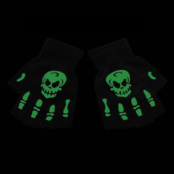 Adult Kids Halloween Skeleton Skull Half Finger Luminous Gloves Winter Skull Fingerless Mitten for Event Party Festive Cycling
