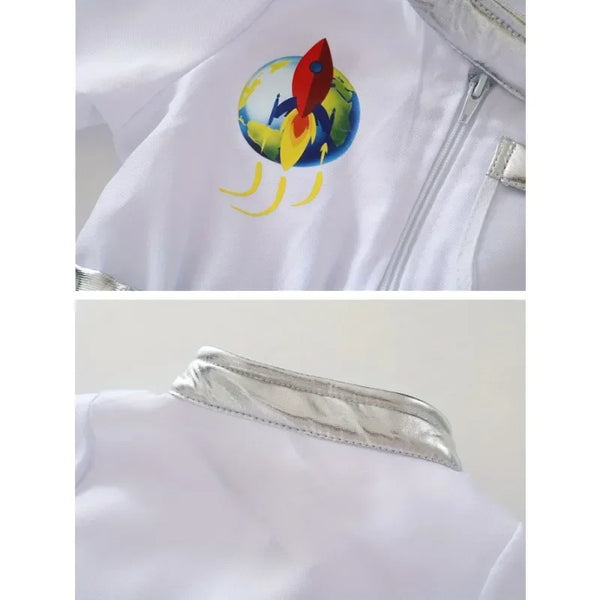 Kids US Astronaut Dressup Costume Deluxe Print Cartoon White Space Suit Bodysuit Halloween Role Play Adventure Gloves Hat Set