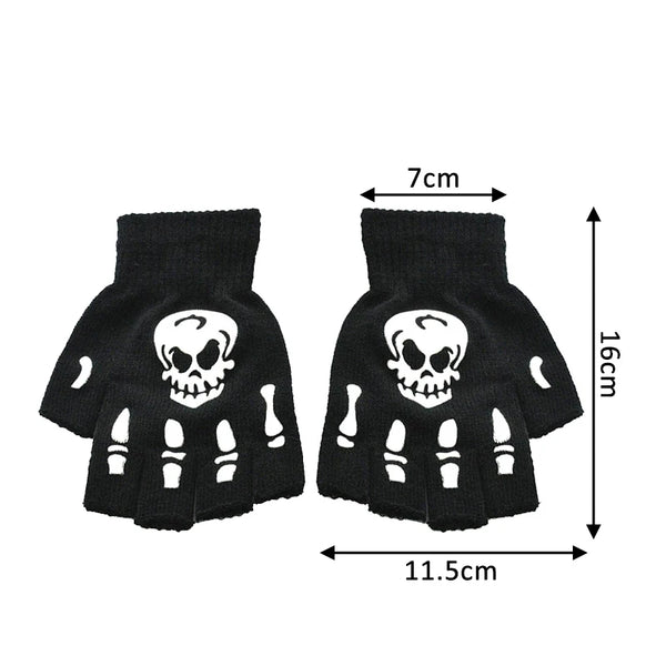 Adult Kids Halloween Skeleton Skull Half Finger Luminous Gloves Winter Skull Fingerless Mitten for Event Party Festive Cycling