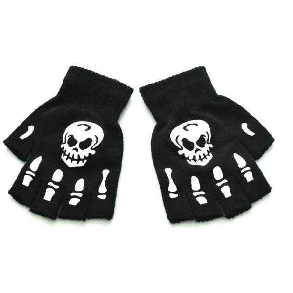 Adult Kids Halloween Skeleton Skull Half Finger Luminous Gloves Winter Skull Fingerless Mitten for Event Party Festive Cycling
