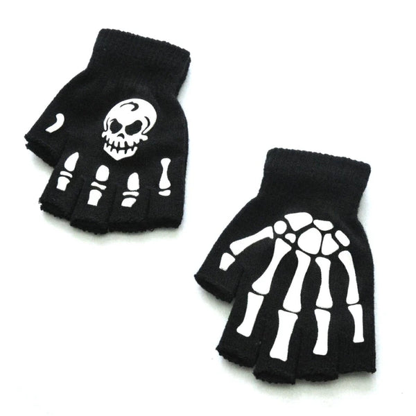 Adult Kids Halloween Skeleton Skull Half Finger Luminous Gloves Winter Skull Fingerless Mitten for Event Party Festive Cycling