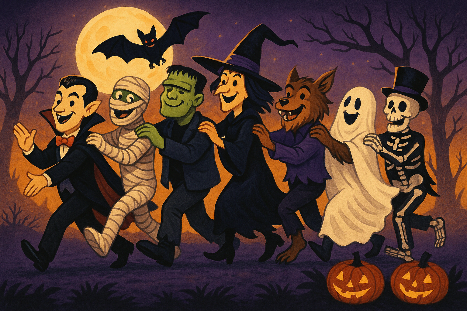 famous halloween characters in conga line 
