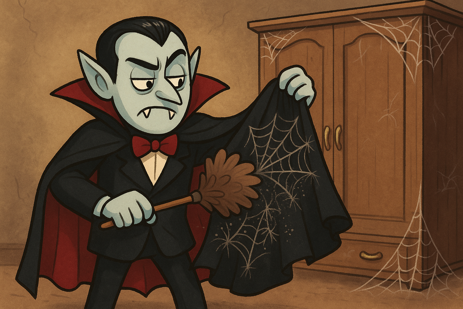 vampire dusting spider webs off cape from closet cartoony 